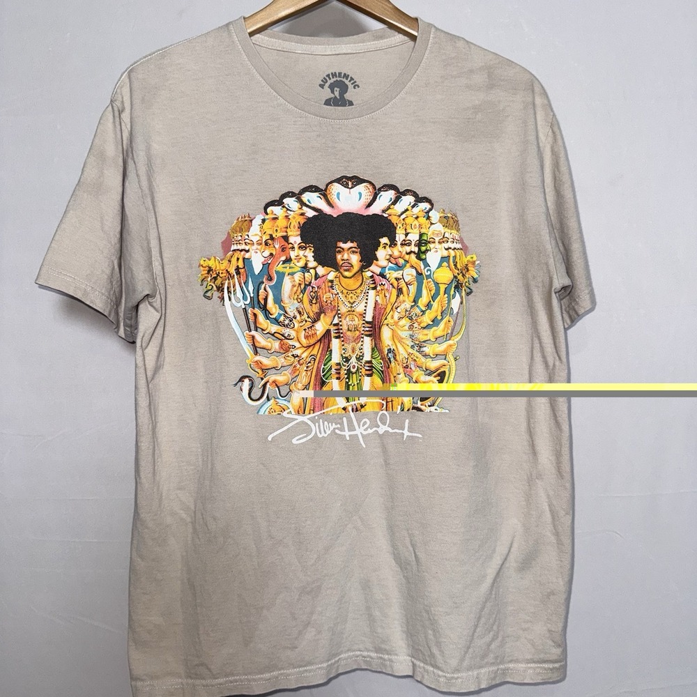 Authentic Hendrix Jimi Hendrix Graphic T-Shirt Beige 100% Cotton Size M Stained